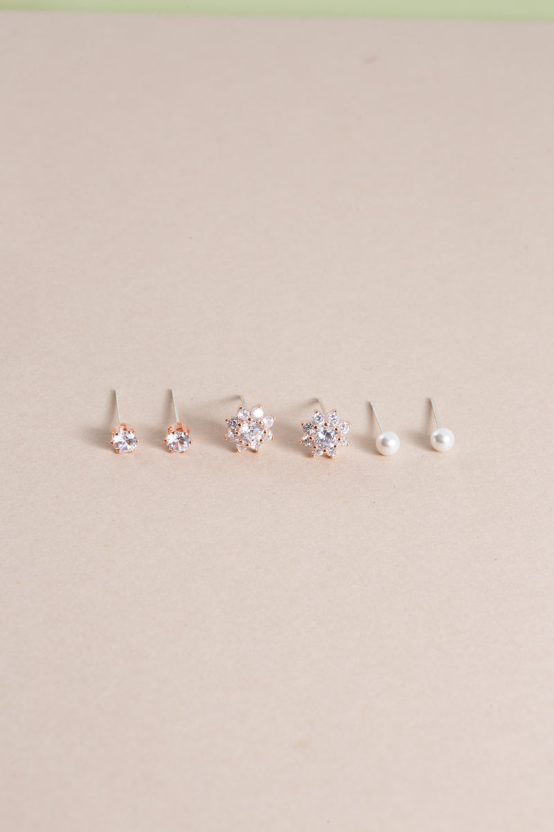 Lorali Pearl Stone Earring Set | Rose Gold