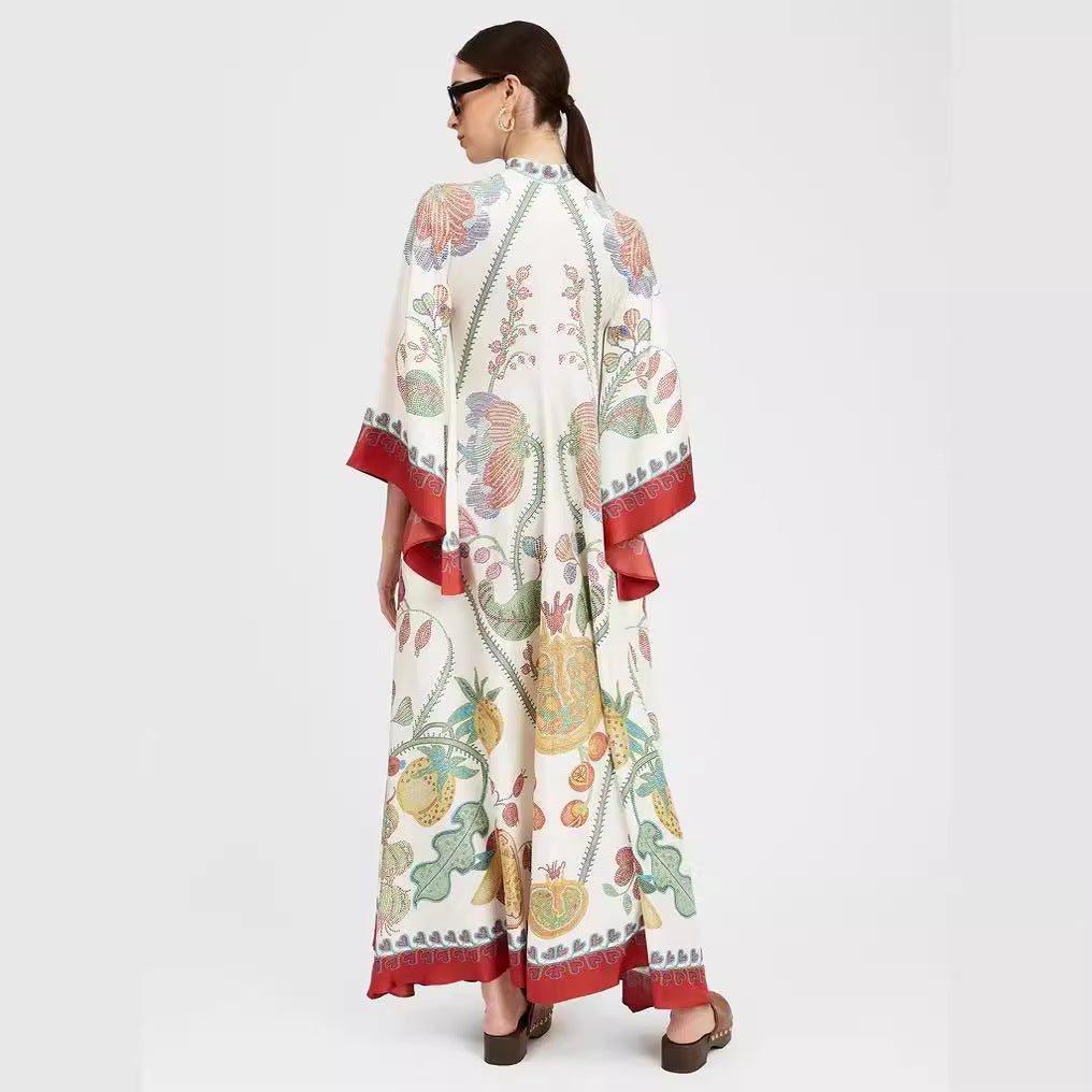 Women's Printed Maxi Dress – Stand Collar Flared Sleeve A-Line Gown