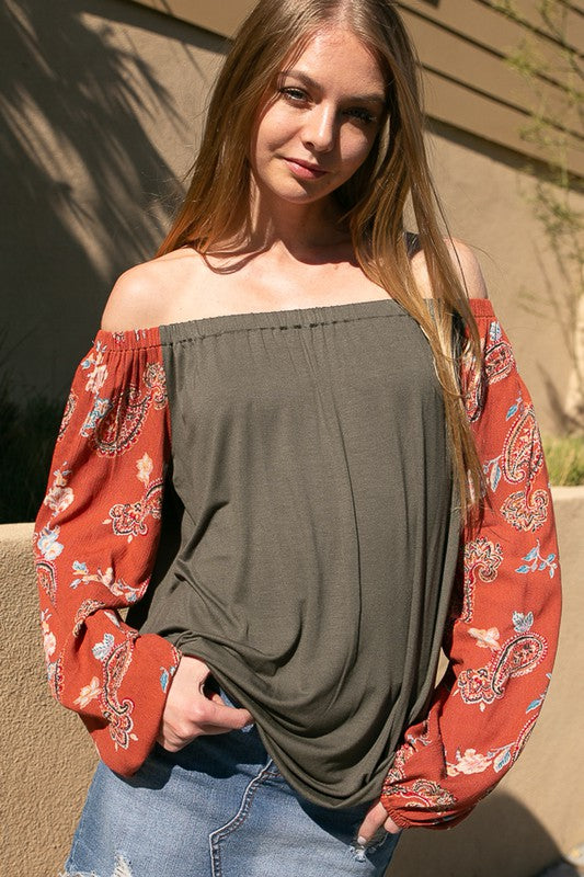 SOLID PAISLEYMIXED OFF SHOULDER TOP