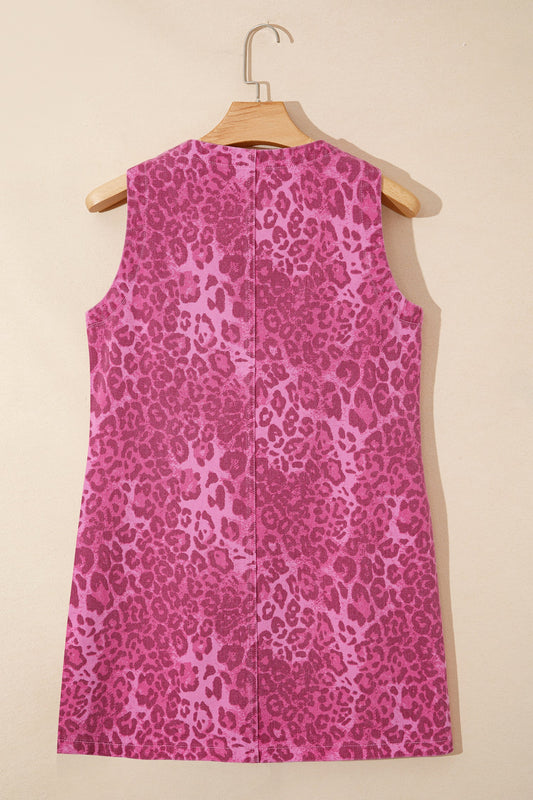 Leopard Denim Buttoned Sleeveless Dress
