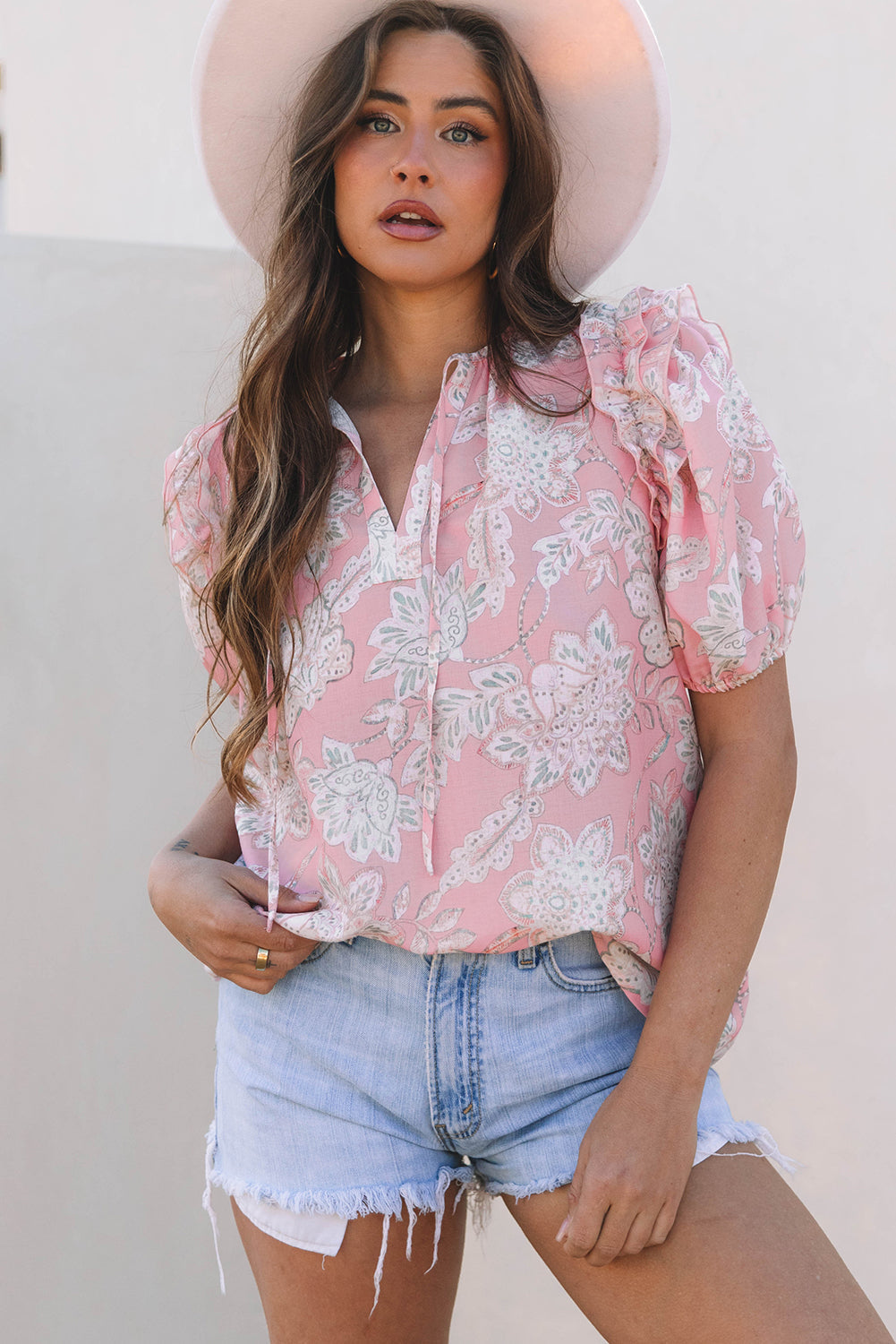 Cattleya Floral Drawstring V Neck Puff Sleeve Loose Blouse