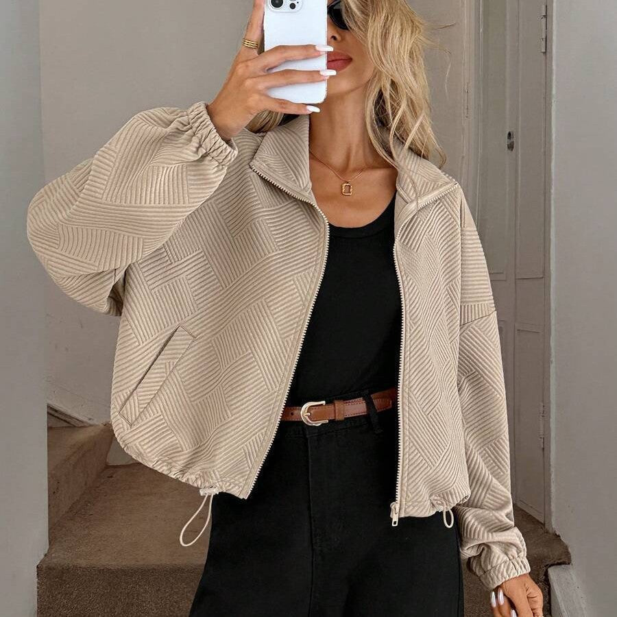 Women's Oversized Zip-Up Jacket with Pockets – High Neck Textured Coat