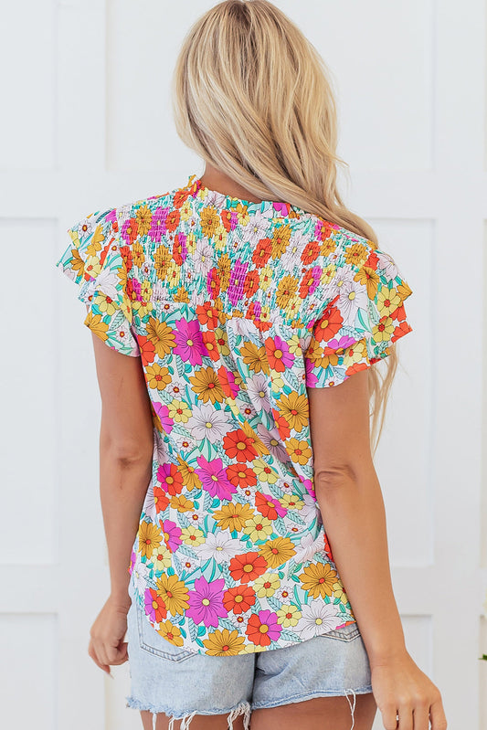Leslie Floral Shirred Tiered Ruffled Sleeve Blouse