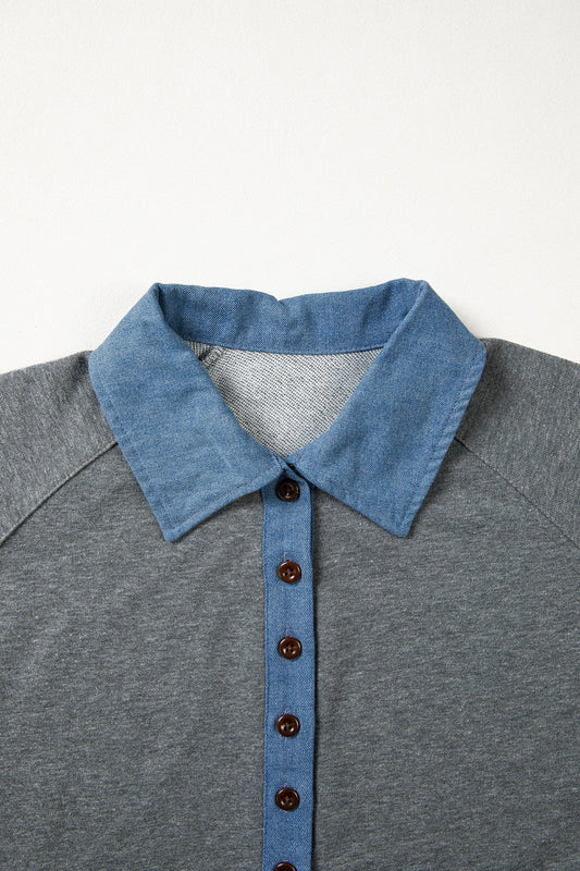 Colorblock Denim Patchwork Shirt Collar Blouse
