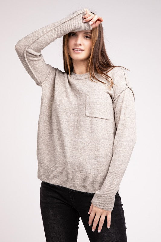 MELANGE HI-LOW HEM ROUND NECK SWEATER