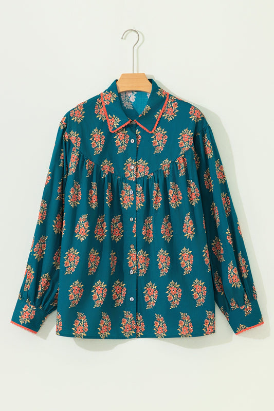 Plus Size Floral Lace Trim Pleated Buttoned Shirt