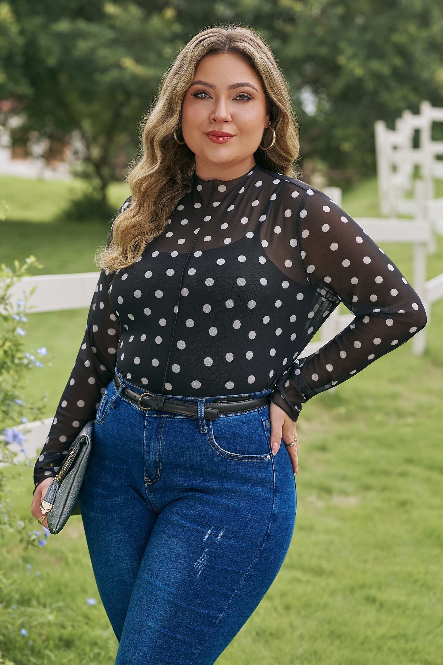 Plus Size Polka Dot Mesh Mock Neck Top