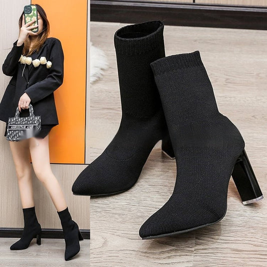 Womenâs Chunky-Heeled Knitted Suede Ankle Boots