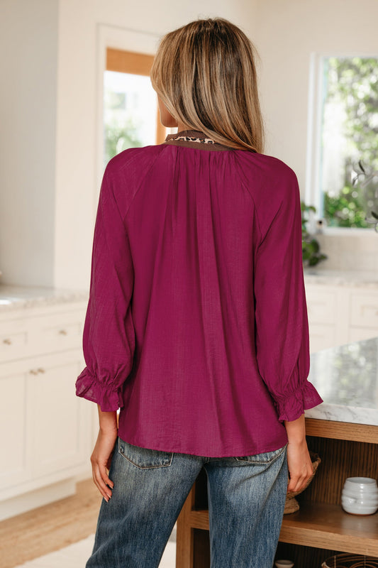 Leopard Trim Flounced 3/4 Sleeve V-Neck Blouse