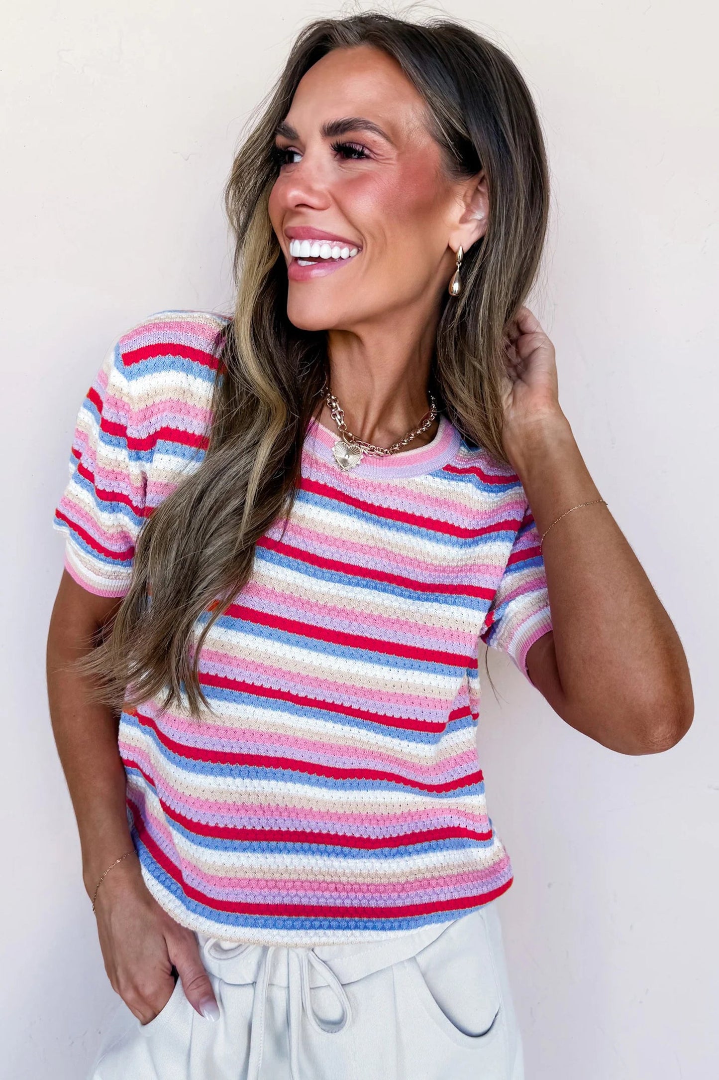 Stripe Textured Knit Short Sleeve Sweater