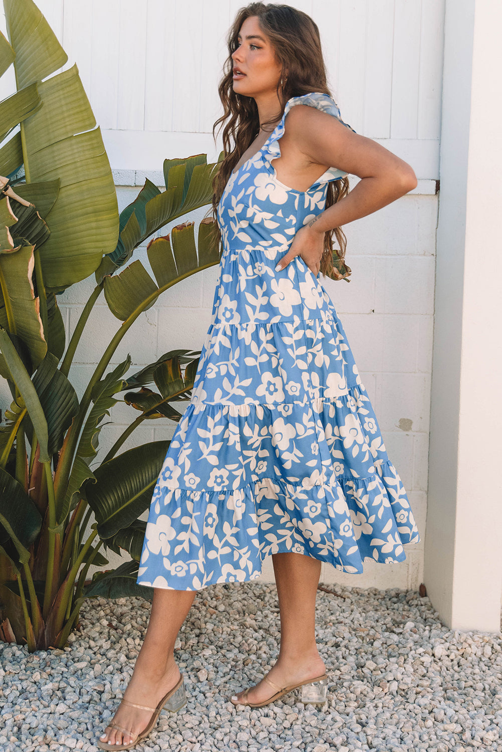 Henley Floral U Neck Flutter Shoulder Tiered Midi Dress