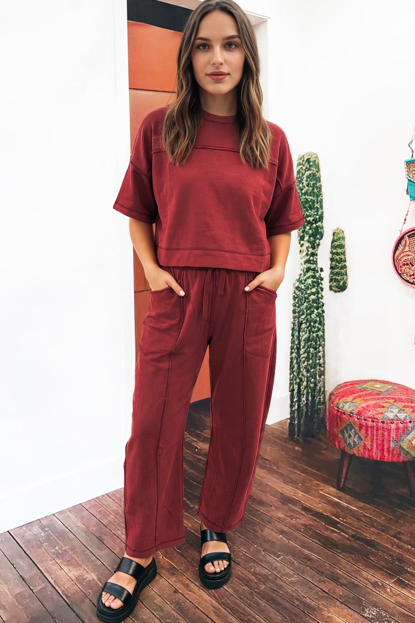 Solid Drop Shoulder Boxy Tee & Barrel Pants Set