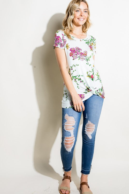 FLORAL JERSEY FRONT TWIST TUNIC TOP