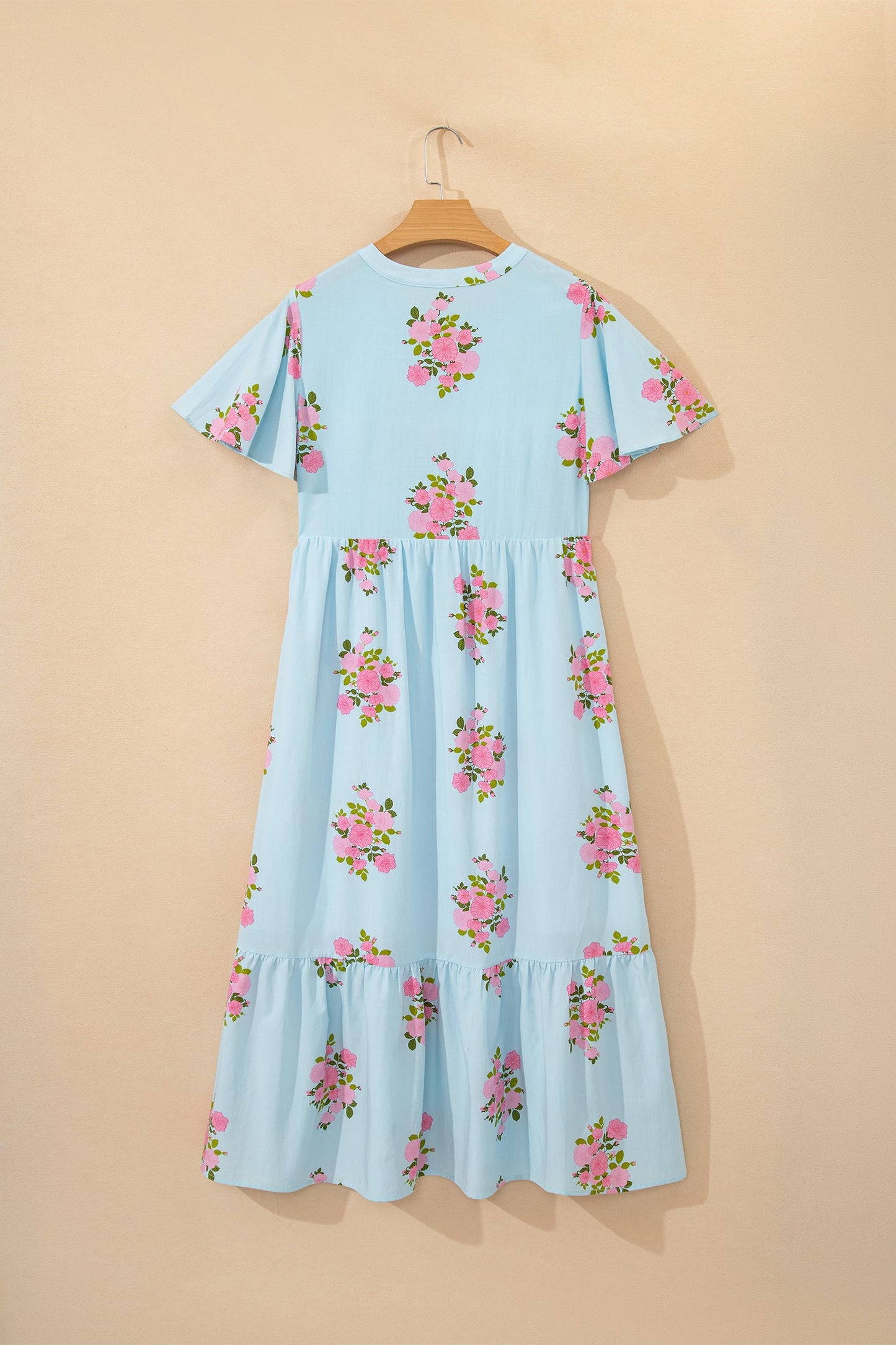 Floral Notched Neck Flutter Sleeve Maxi Dress