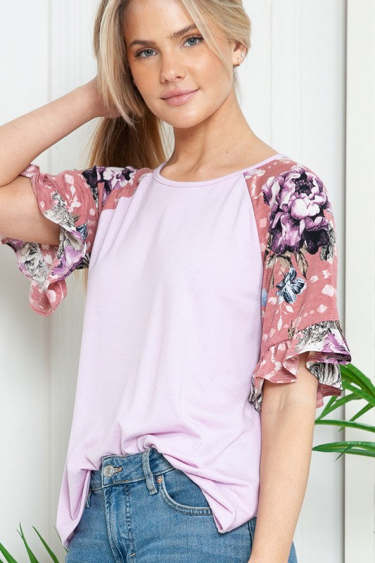 Plus Solid Floral Short Sleeve Contrast Top