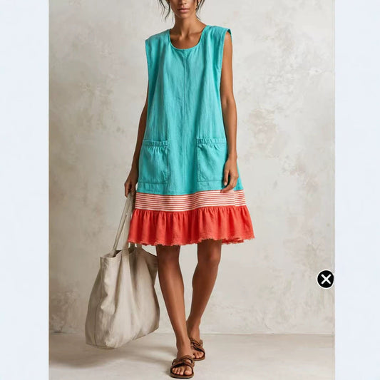 Women's Elegant Ruffle Neck Three-Quarter Sleeve Midi Dress – Vacation Style