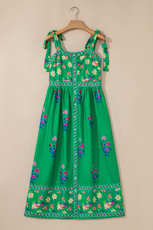 Floral Contrast Trim Knotted Straps Midi Dress