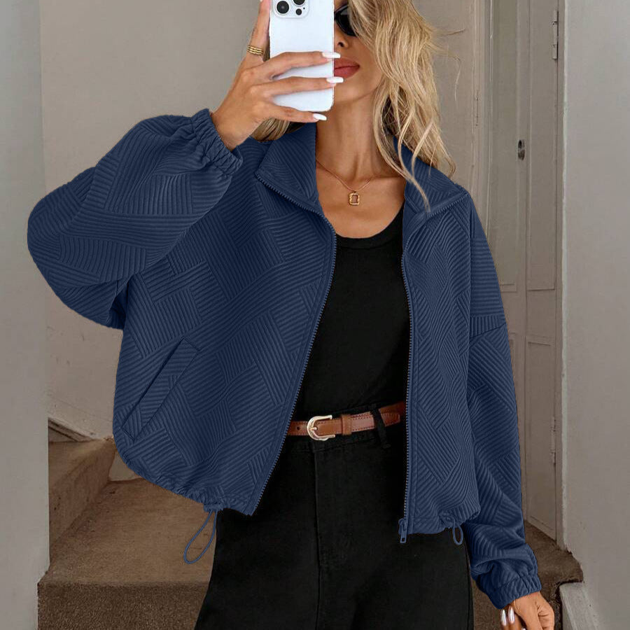 Women's Oversized Zip-Up Jacket with Pockets – High Neck Textured Coat