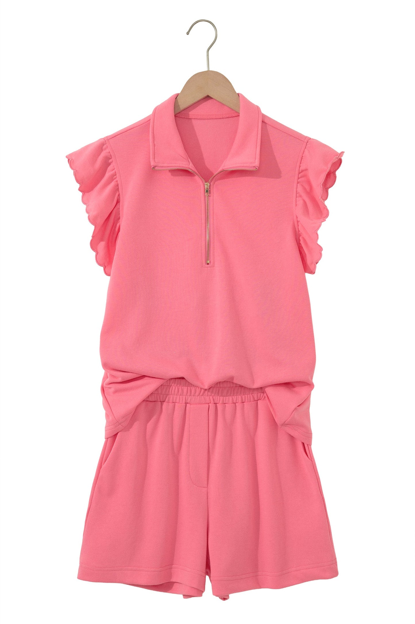 Solid Scalloped Ruffle Half Zip Top & Short Set