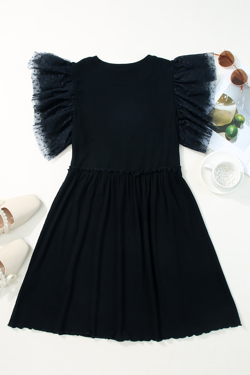 Dotted Mesh Ruffle Sleeve Ribbed Babydoll Dress