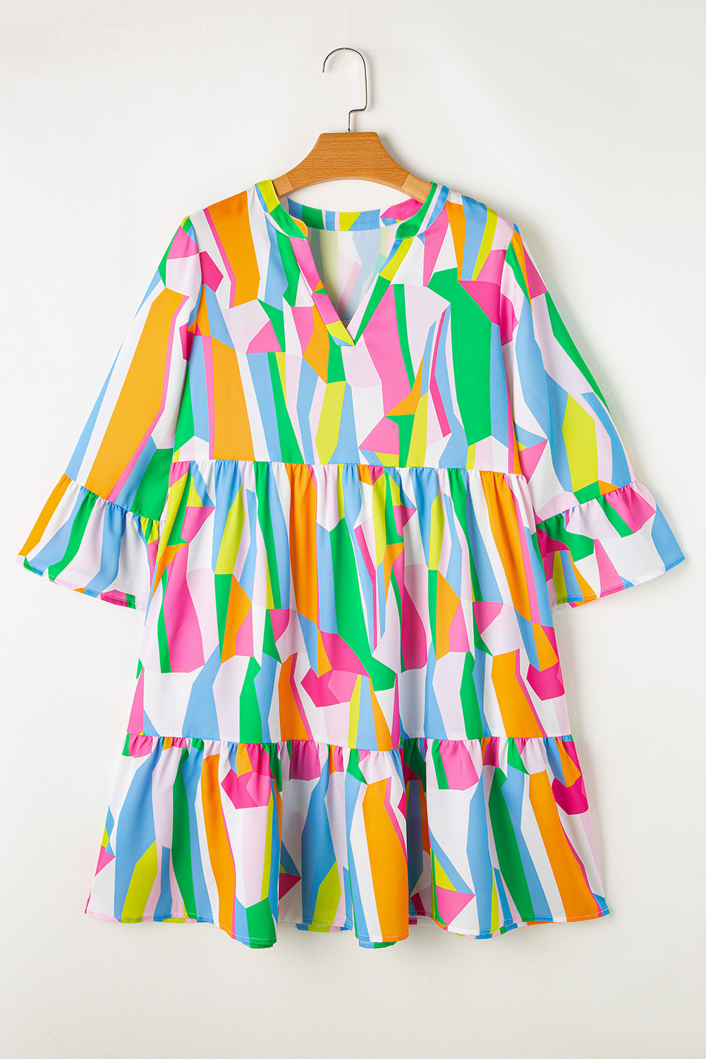 Abstract Ruffle Sleeve Notched V-Neck Dress