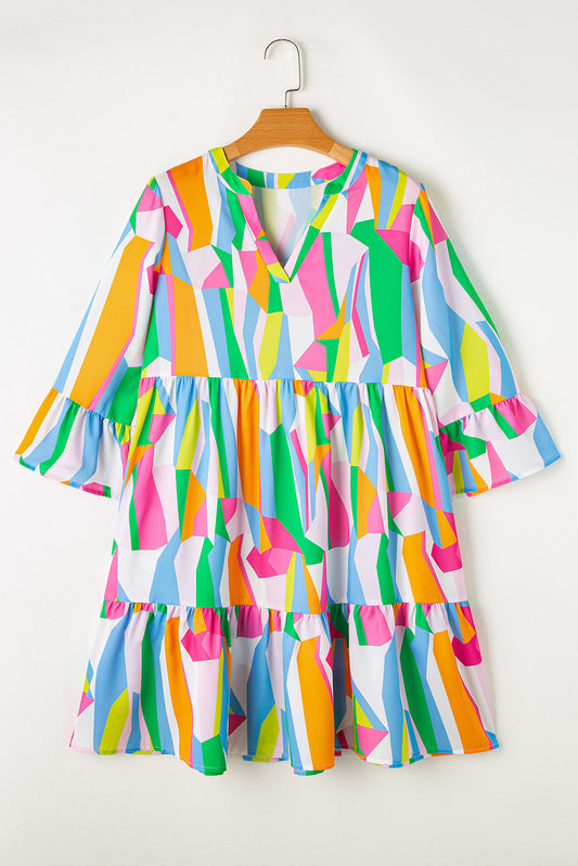 Abstract Ruffle Sleeve Notched V-Neck Dress