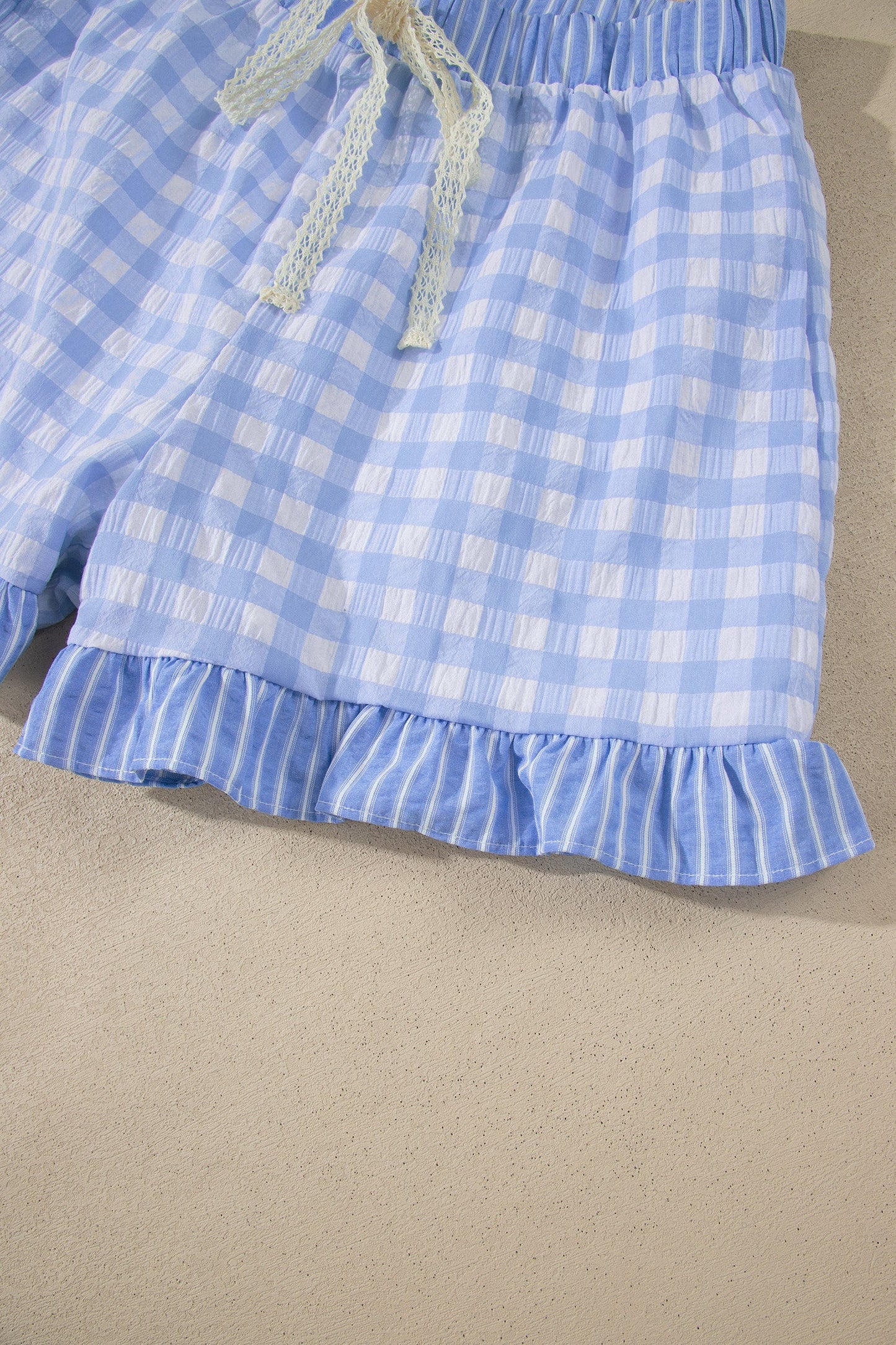 Gingham Ruffle Stripe Patchwork Lace Tie Shorts