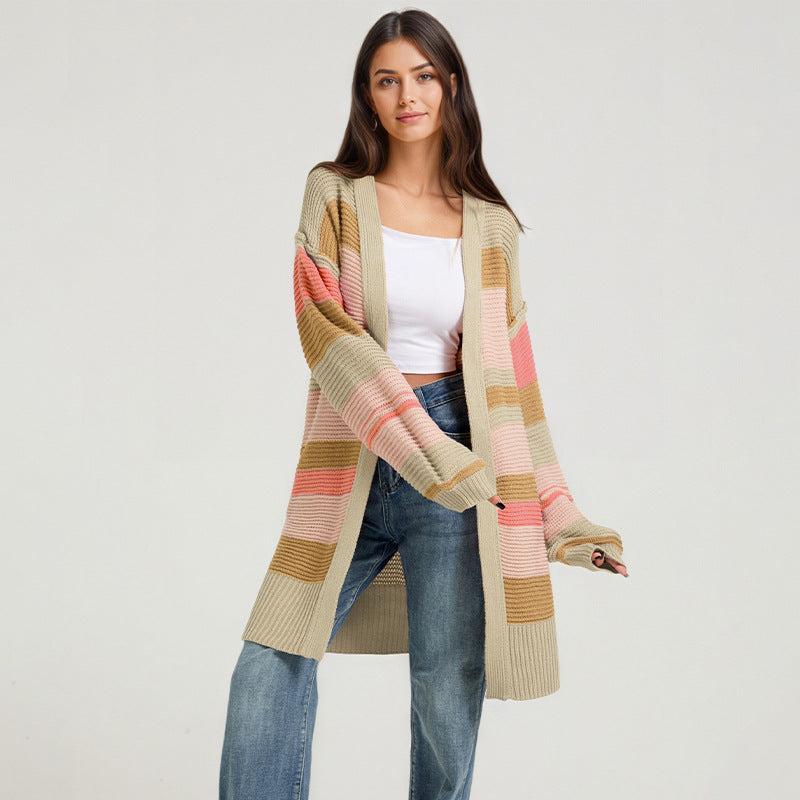 Women's Color-Block Striped Knit Cardigan Coat