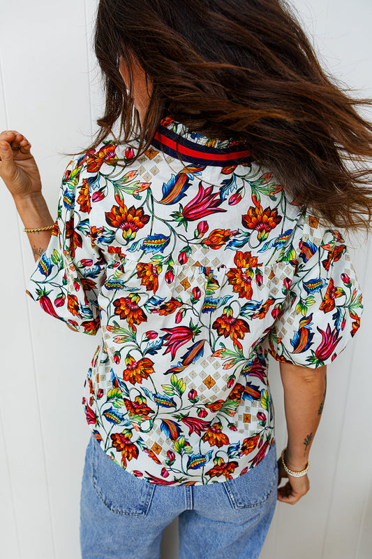 Floral Contrast V-Neck Puff Sleeve Blouse