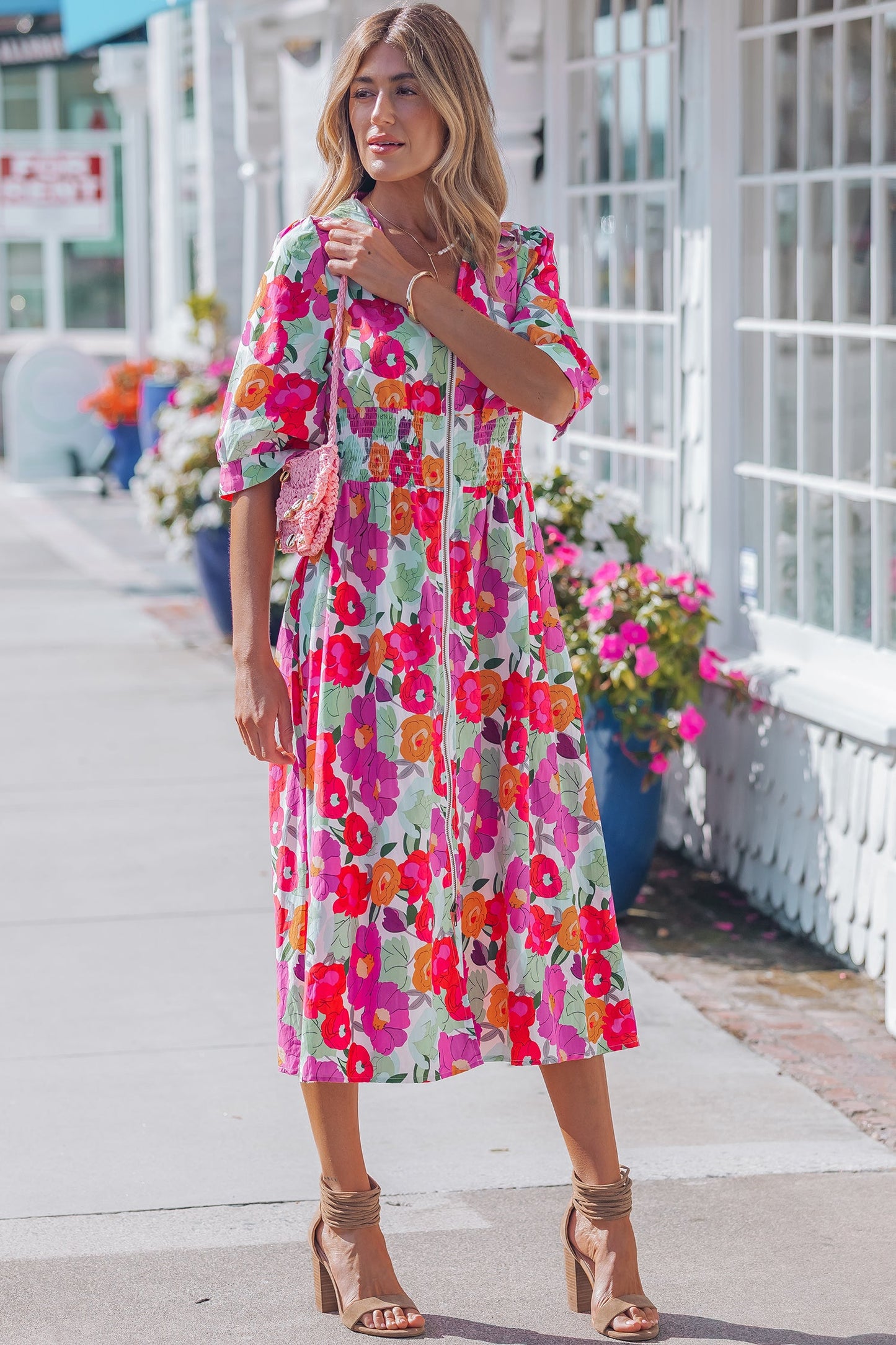 Floral Zip-Up V-Neck Short Puff Sleeve Dress