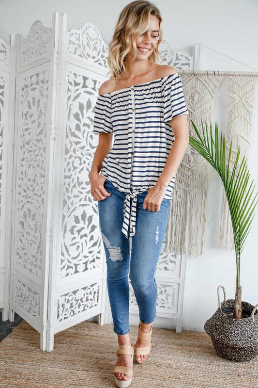 STRIPE OFF SHOULDER BUTTON DOWN TOP