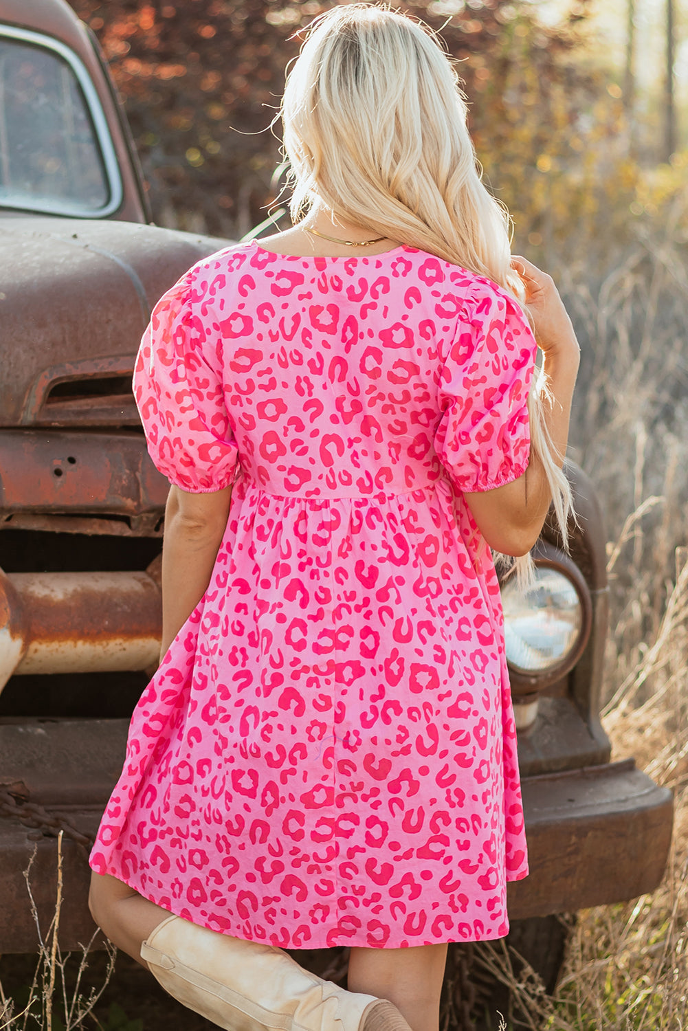 Leopard Puff Sleeve Tie-Front Mini Dress
