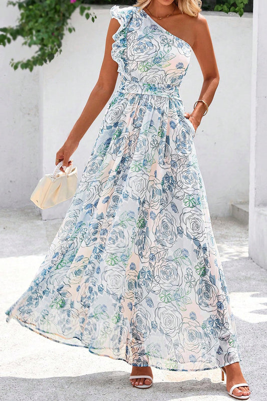 Floral Ruffle One Shoulder Maxi Dress