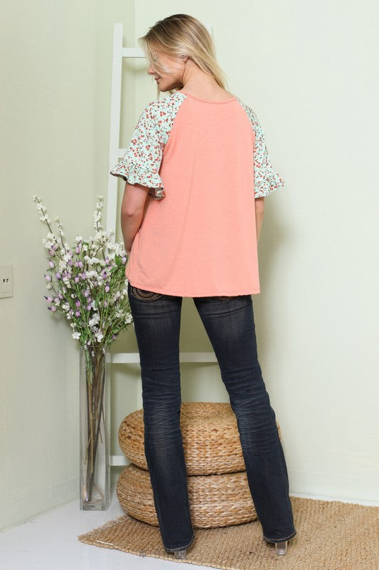 Solid Floral Short Sleeve Contrast Top