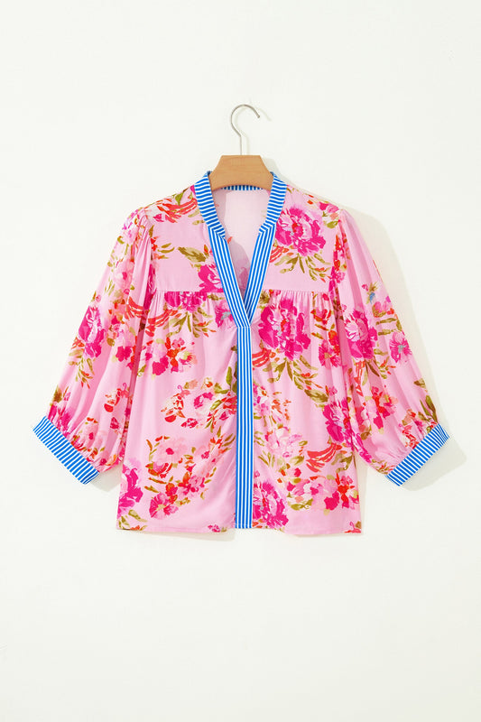 Floral 3/4 Sleeve Stripe Trim V-Neck Blouse