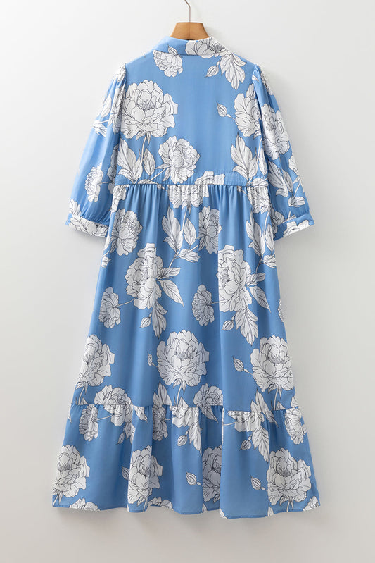 Floral Button-Front 3/4 Sleeve Ruffle Hem Dress
