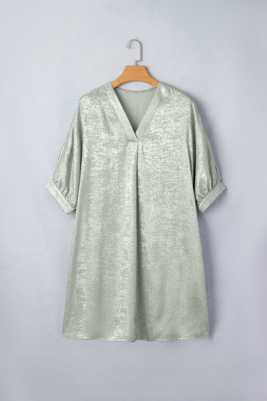 Metallic V-Neck Short Sleeve Mini Dress