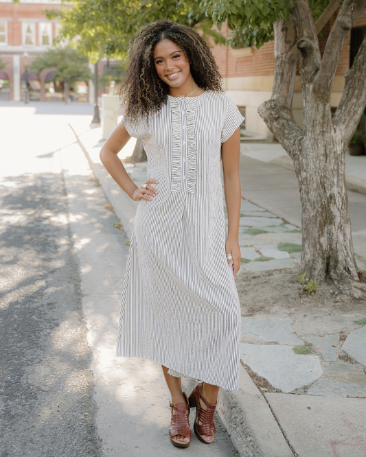Holly Frilled Detail Half Buttons Short Sleeve Long Dress