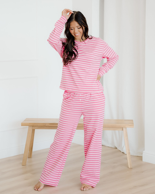 Amayah Stripe Drop Shoulder Round Neck Top and Buttoned Straight Pants Two Piece Set