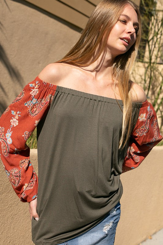 SOLID PAISLEYMIXED OFF SHOULDER TOP