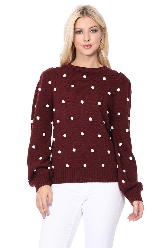 Pom Pom Crochet Polka Dot Round Neck Sweater Top