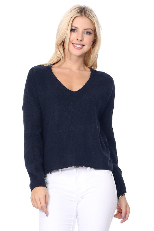 Wide V-Neck Oversized Sweater Top w. Side Slit