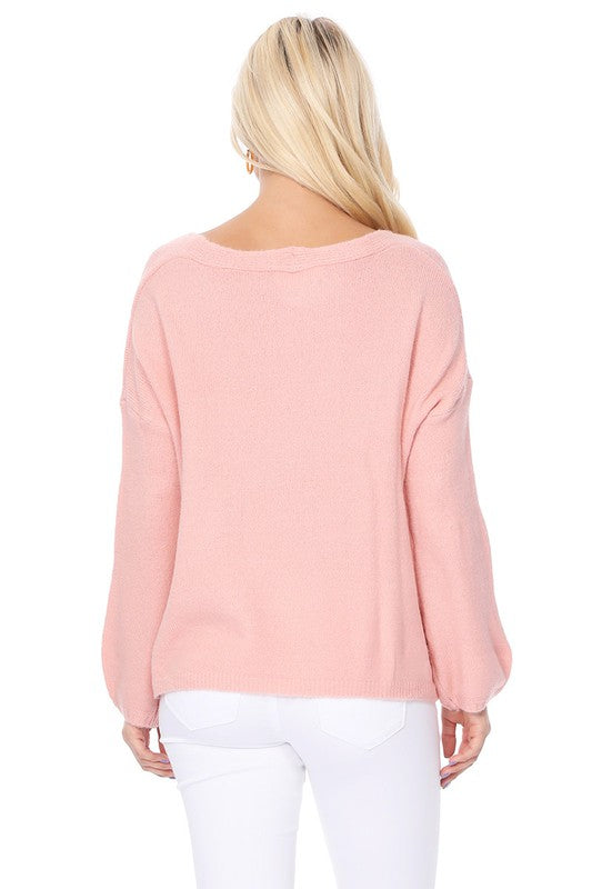 Wide V-Neck Oversized Sweater Top w. Side Slit