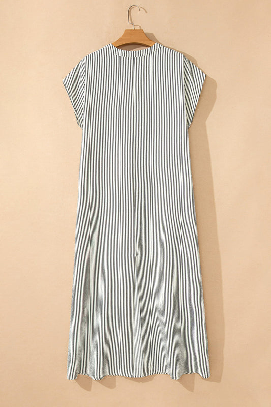 Stripe Frilled Half Buttoned Maxi Dress
