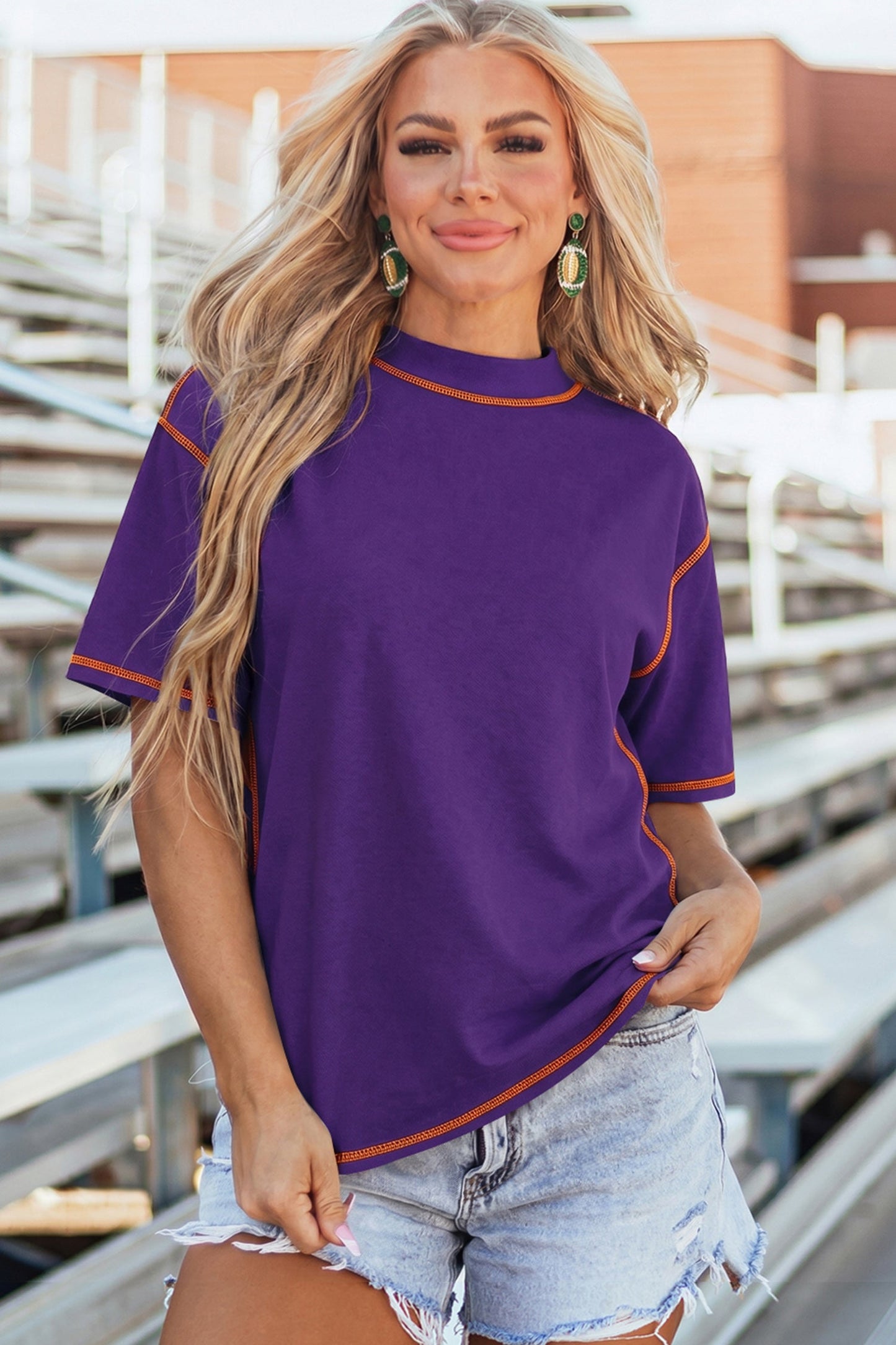 Reversible Contrast Stitching Mock Neck T-Shirt