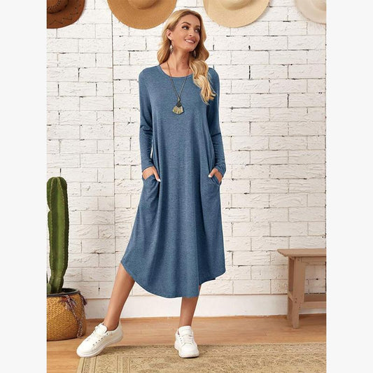 Women's Cotton Maxi Dress – Solid Color Long Sleeve A-Line with Pockets