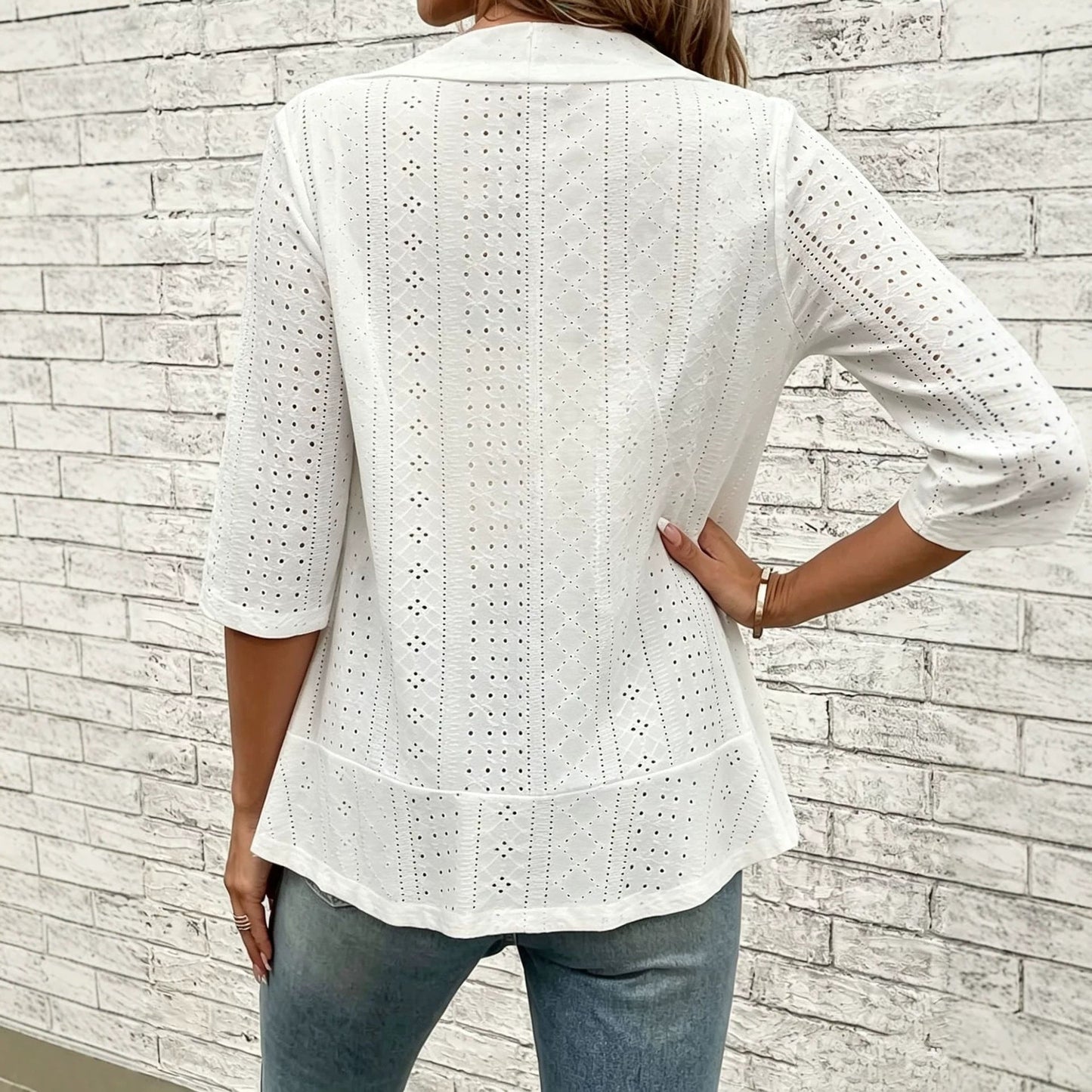 Women's Eyelet Hollow-Out Open-Front Blazer Jacket – 3/4 Sleeve