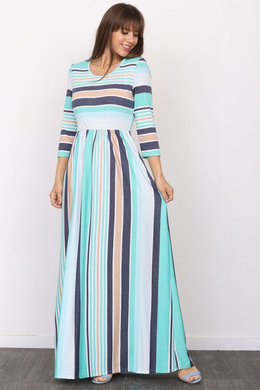 Quarter Sleeve Stripe Maxi Dress