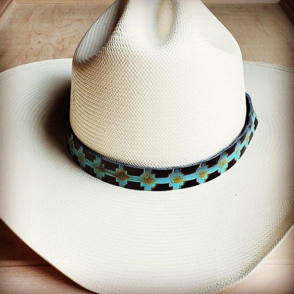 Blue Navajo Embossed Leather Hat Band