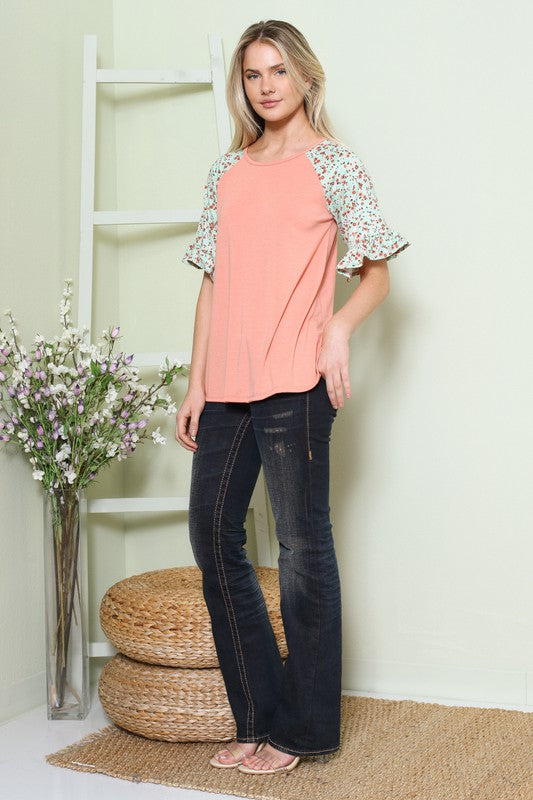 Solid Floral Short Sleeve Contrast Top